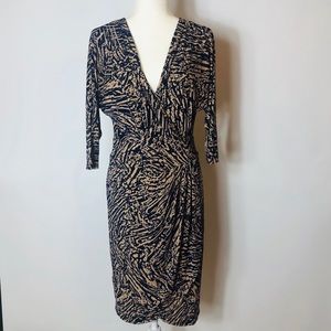 Max & Cleo Navy/Tan Print Faux Wrap Dress: Small